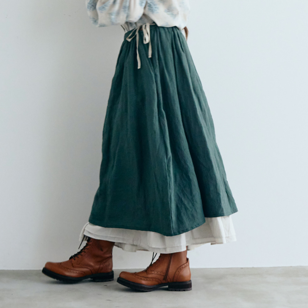 MAGALI(マガリ)SK84GR ラミーリネン・ギャザースカート/フォレストグリーン - 画像 (2)